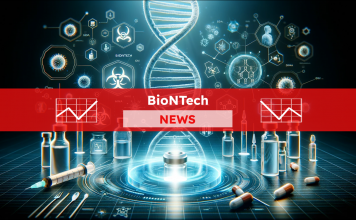 eine DNA-Helix, Laborutensilien und schematische wissenschaftliche Symbole auf einem technologischen Hintergrund,  mit einem BioNTech NEWS Banner