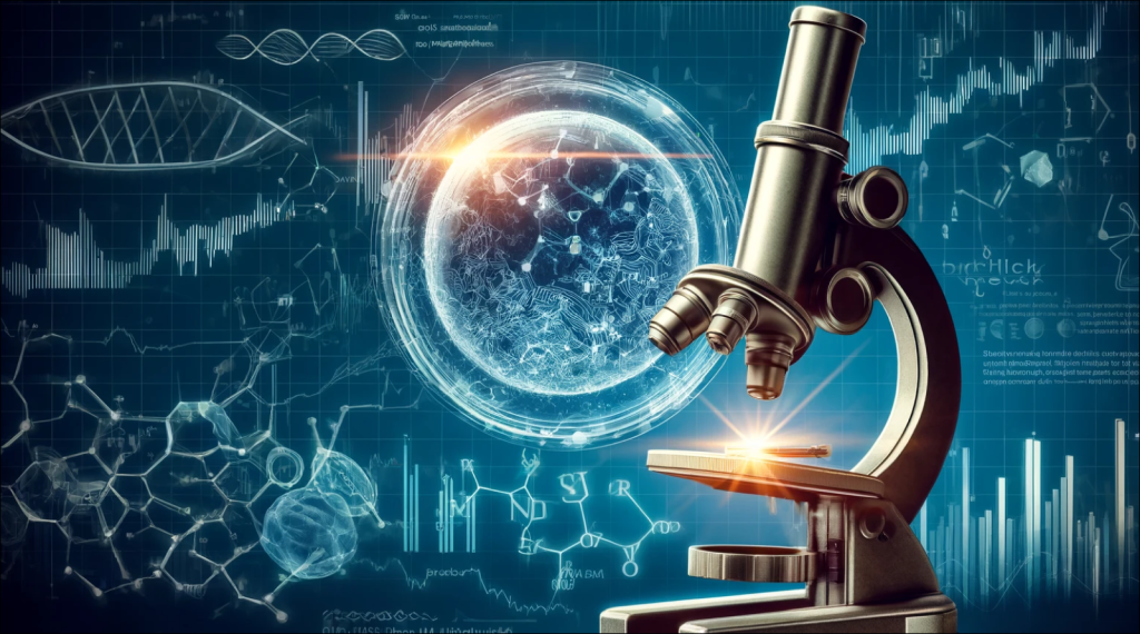 in Mikroskop mit einer visualisierten Zelle und DNA, umgeben von wissenschaftlichen Diagrammen auf einem blauen Hintergrund.