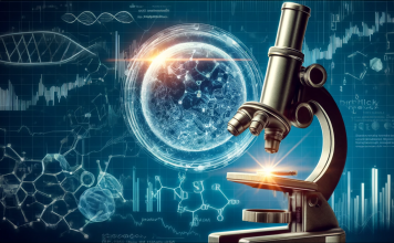 in Mikroskop mit einer visualisierten Zelle und DNA, umgeben von wissenschaftlichen Diagrammen auf einem blauen Hintergrund.