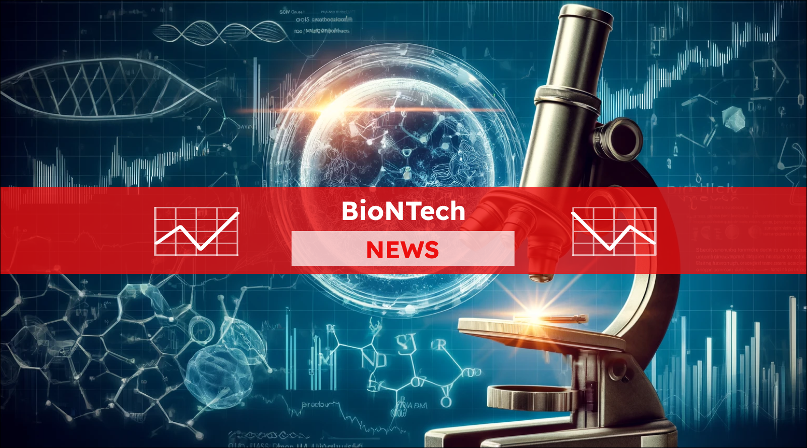 in Mikroskop mit einer visualisierten Zelle und DNA, umgeben von wissenschaftlichen Diagrammen auf einem blauen Hintergrund, mit einem BioNTech NEWS Banner