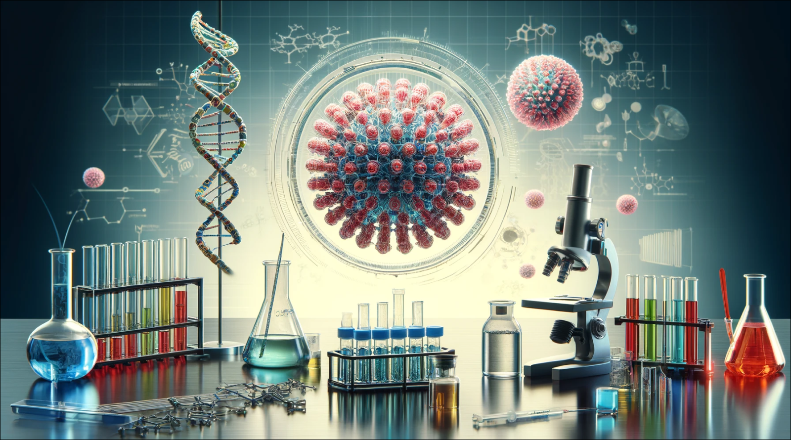 eine DNA-Helix, ein Virusmodell, ein Mikroskop und Reagenzgläser, Symbole für biotechnologische Forschung.