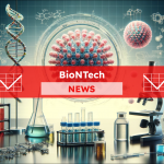 eine DNA-Helix, ein Virusmodell, ein Mikroskop und Reagenzgläser, Symbole für biotechnologische Forschung,  mit einem BioNTech NEWS Banner