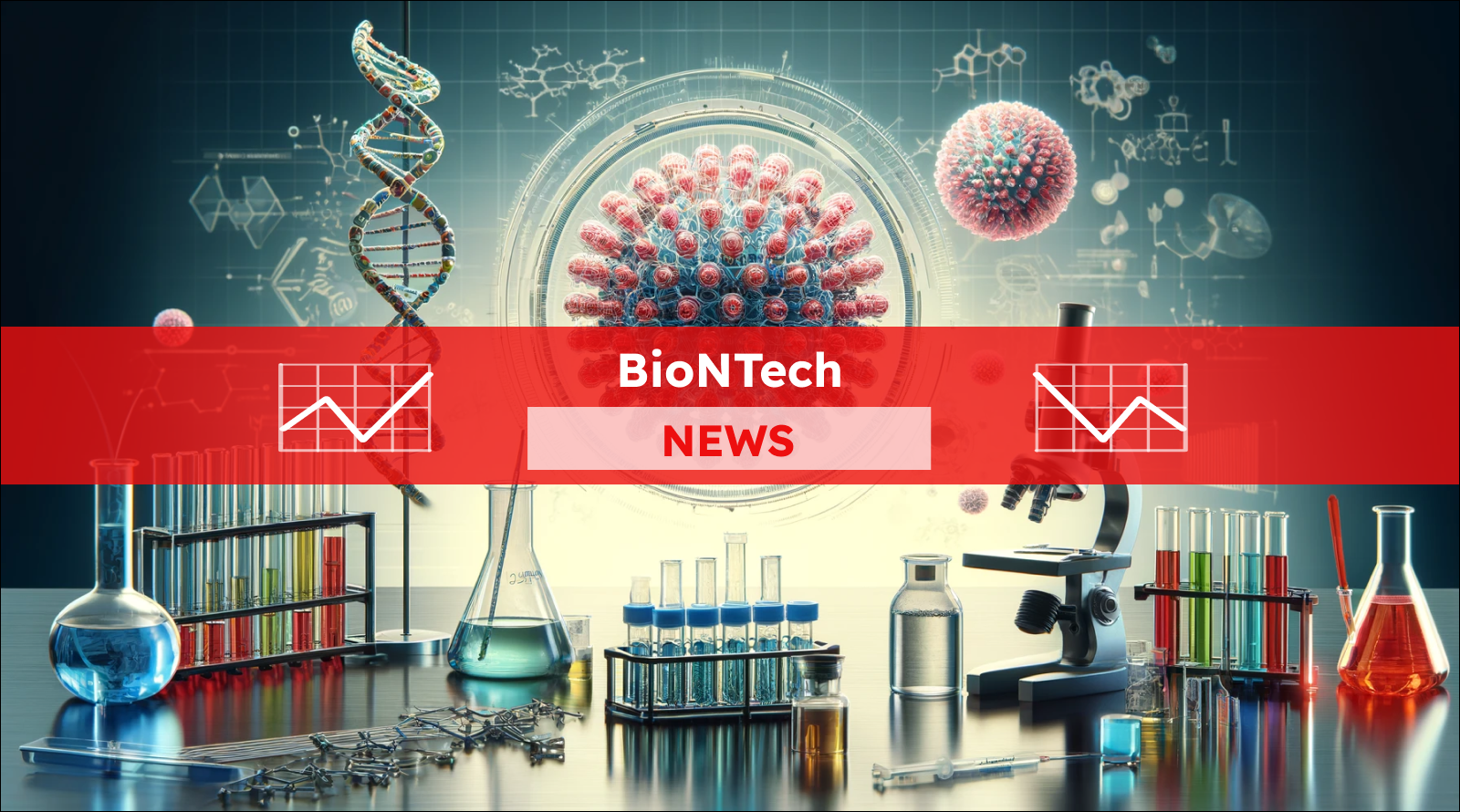 eine DNA-Helix, ein Virusmodell, ein Mikroskop und Reagenzgläser, Symbole für biotechnologische Forschung,  mit einem BioNTech NEWS Banner