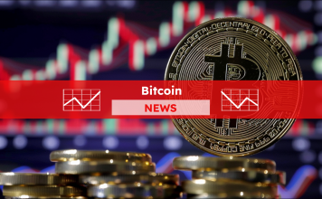 Bitcoin, Aktiendiagramm im Hintergrund,  mit einem Bitcoin NEWS Banner