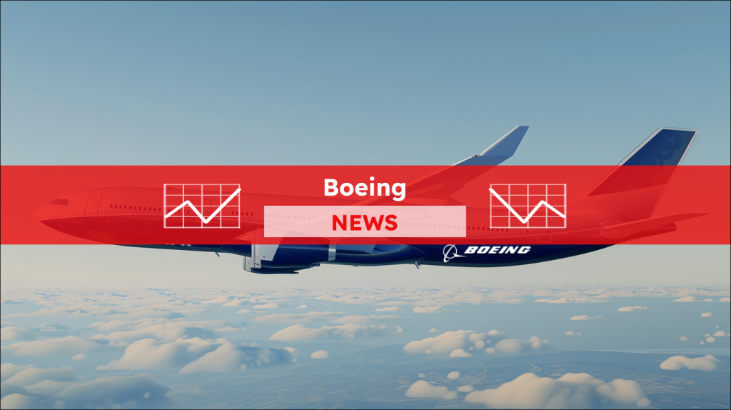 Teil eines weiß-blauen Flugzeugs von der Seite am Himmel, mit einem Boeing NEWS Banner