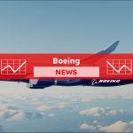 Teil eines weiß-blauen Flugzeugs von der Seite am Himmel, mit einem Boeing NEWS Banner