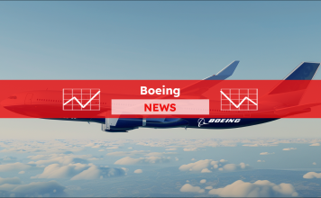 Teil eines weiß-blauen Flugzeugs von der Seite am Himmel, mit einem Boeing NEWS Banner