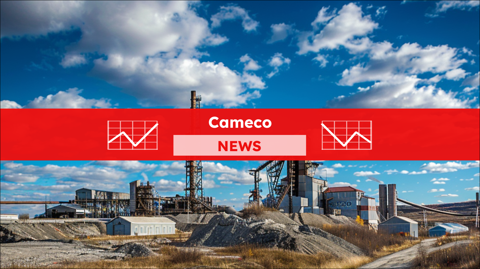 Eine industrielle Bergbauanlage unter einem blauen Himmel mit zerstreuten Wolken, mit einem Cameco NEWS Banner