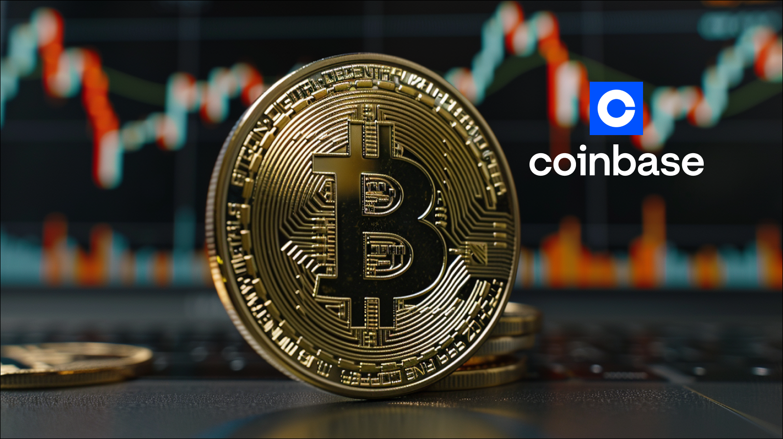 Eine goldene Bitcoin-Münze im Vordergrund mit dem Coinbase-Logo im Hintergrund, überlagert von einem unscharfen Börsenchart.