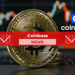 Eine goldene Bitcoin-Münze im Vordergrund mit dem Coinbase-Logo im Hintergrund, überlagert von einem unscharfen Börsenchart, mit einem Coinbase NEWS Banner
