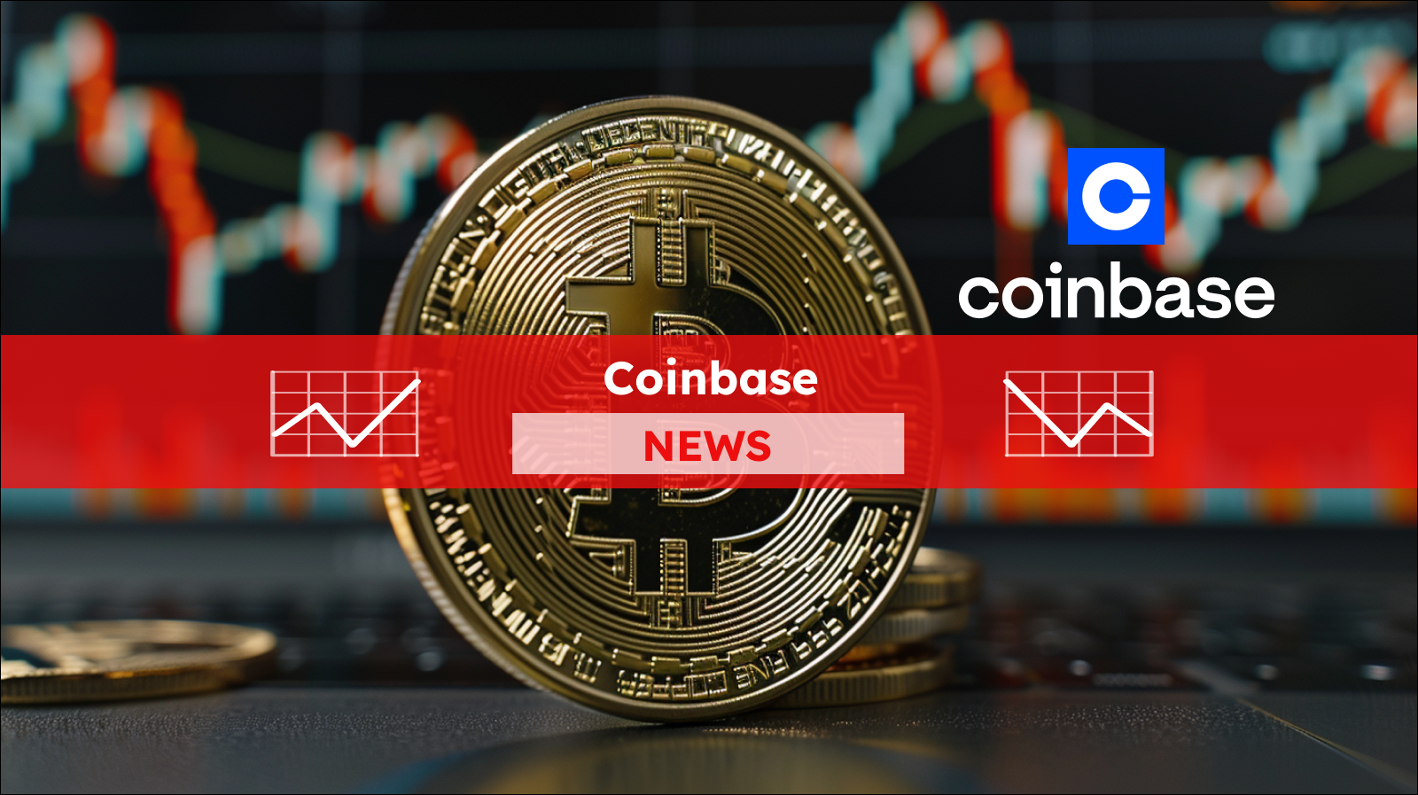 Eine goldene Bitcoin-Münze im Vordergrund mit dem Coinbase-Logo im Hintergrund, überlagert von einem unscharfen Börsenchart, mit einem Coinbase NEWS Banner