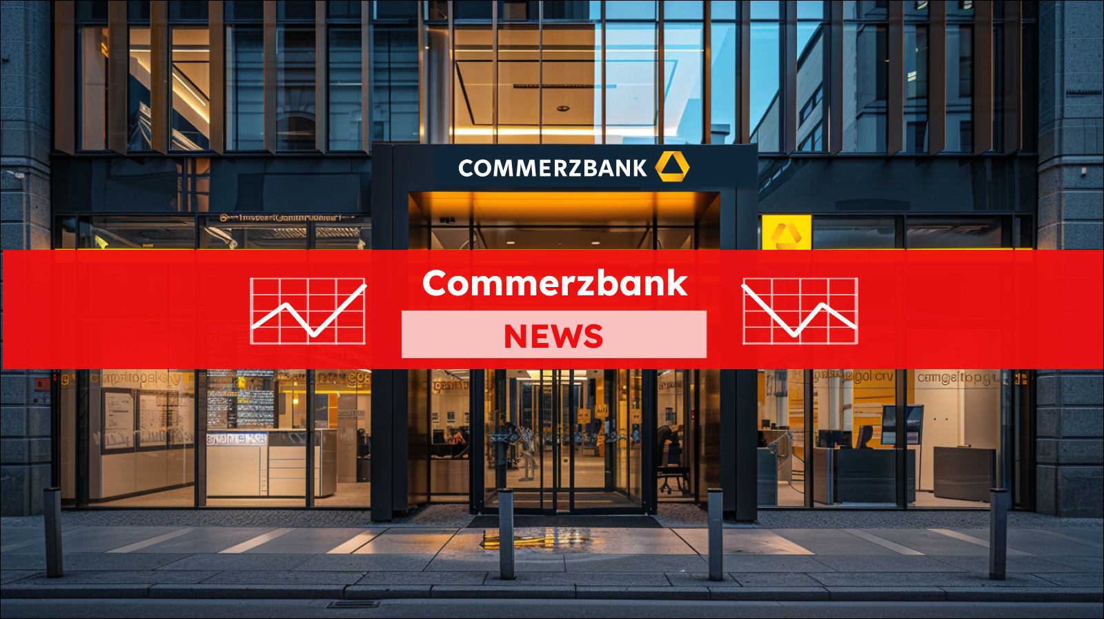 Eingangstür einer Commerzbank-Filiale am Abend mit dem gelben Logo und Schriftzug, mit einem Commerzbank NEWS Banner