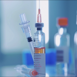 Spritze und Impfstoff auf dem Tisch im Labor