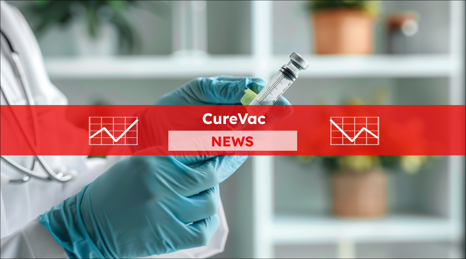 Ein Impfstoff in der Hand, mit einem CureVac NEWS Banner
