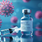 eine Impfstoffflasche mit zugehöriger Spritze und grafischen Darstellungen von Viren im Hintergrund.