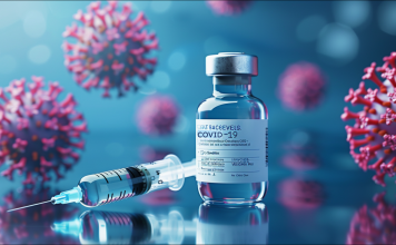 eine Impfstoffflasche mit zugehöriger Spritze und grafischen Darstellungen von Viren im Hintergrund.