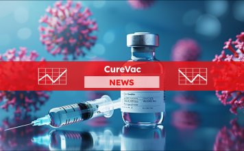 eine Impfstoffflasche mit zugehöriger Spritze und grafischen Darstellungen von Viren im Hintergrund, mit einem CureVac NEWS Banner.