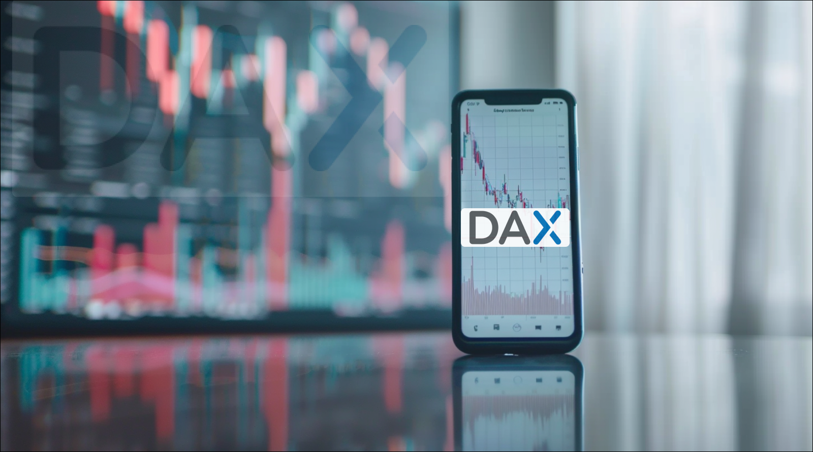 ein Smartphone auf eine reflektierenden Tisch, das Börsendiagramme anzeigt, mit einem verschwommenen Hintergrund, der die Buchstaben DAX projiziert.