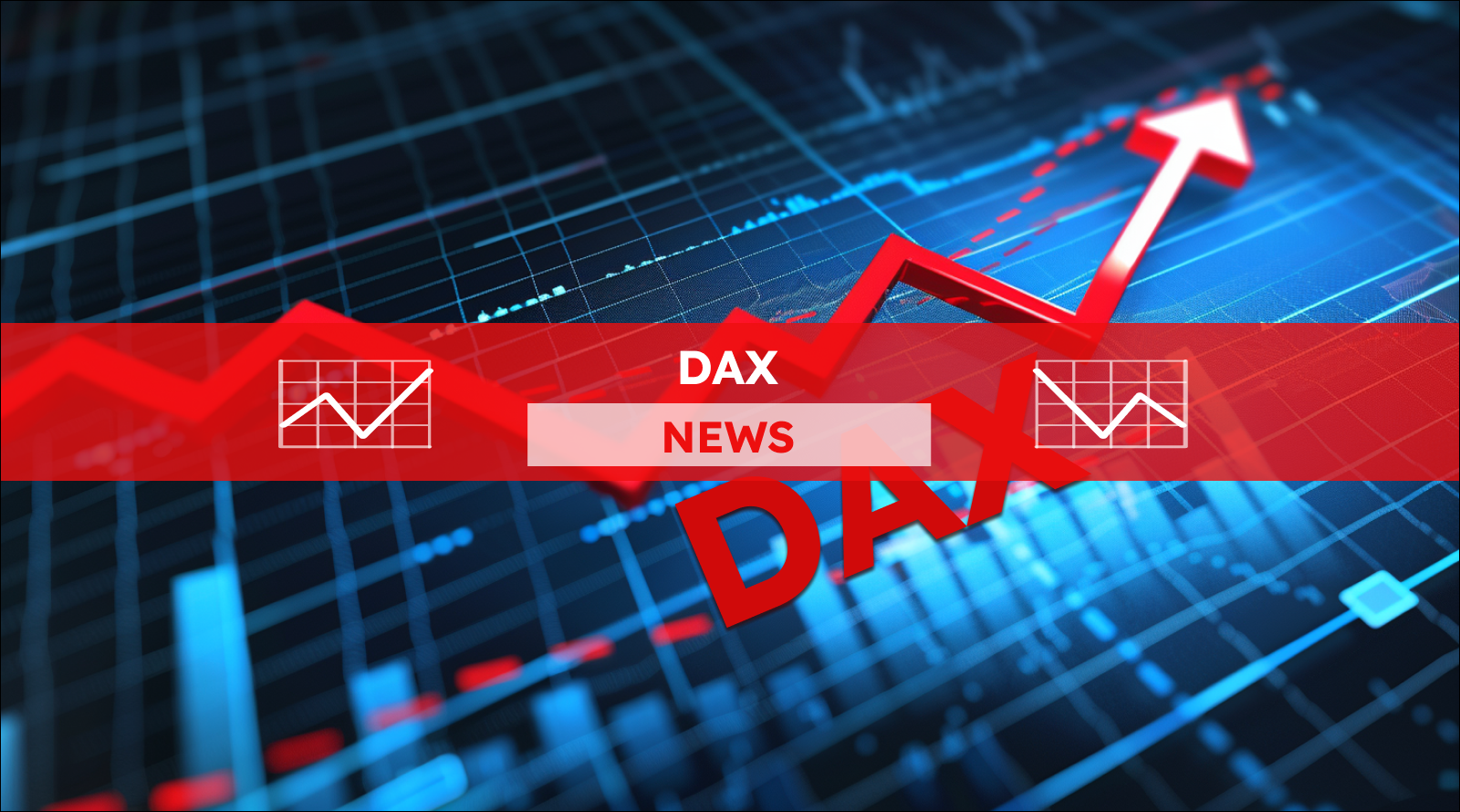 eine steigende rote Pfeildiagrammlinie vor einem blauen Hintergrund mit Gitterlinien zu sehen, die den Schriftzug DAX hervorhebt, mit einem DAX NEWS Banner