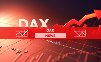 Ein aufsteigender Pfeil und dem weißen Schriftzug DAX, mit einem DAX NEWS Banner