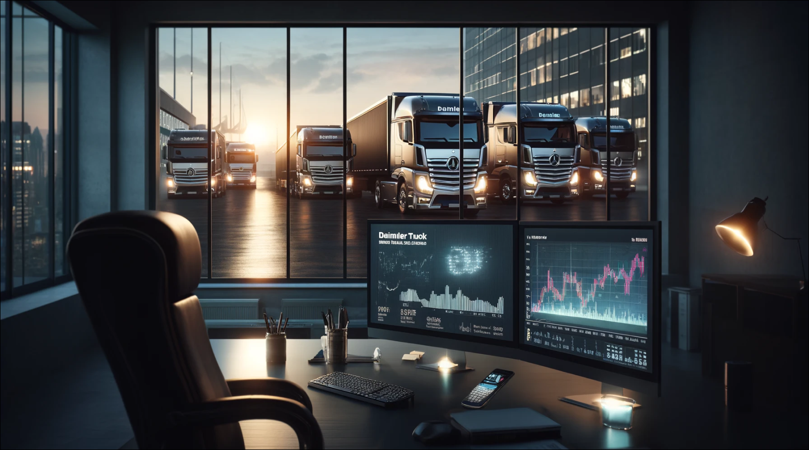 Ein Büro mit Blick auf einen Daimler Truck Fuhrpark im Abendlicht, im Vordergrund sind Börsenmonitore zu sehen.