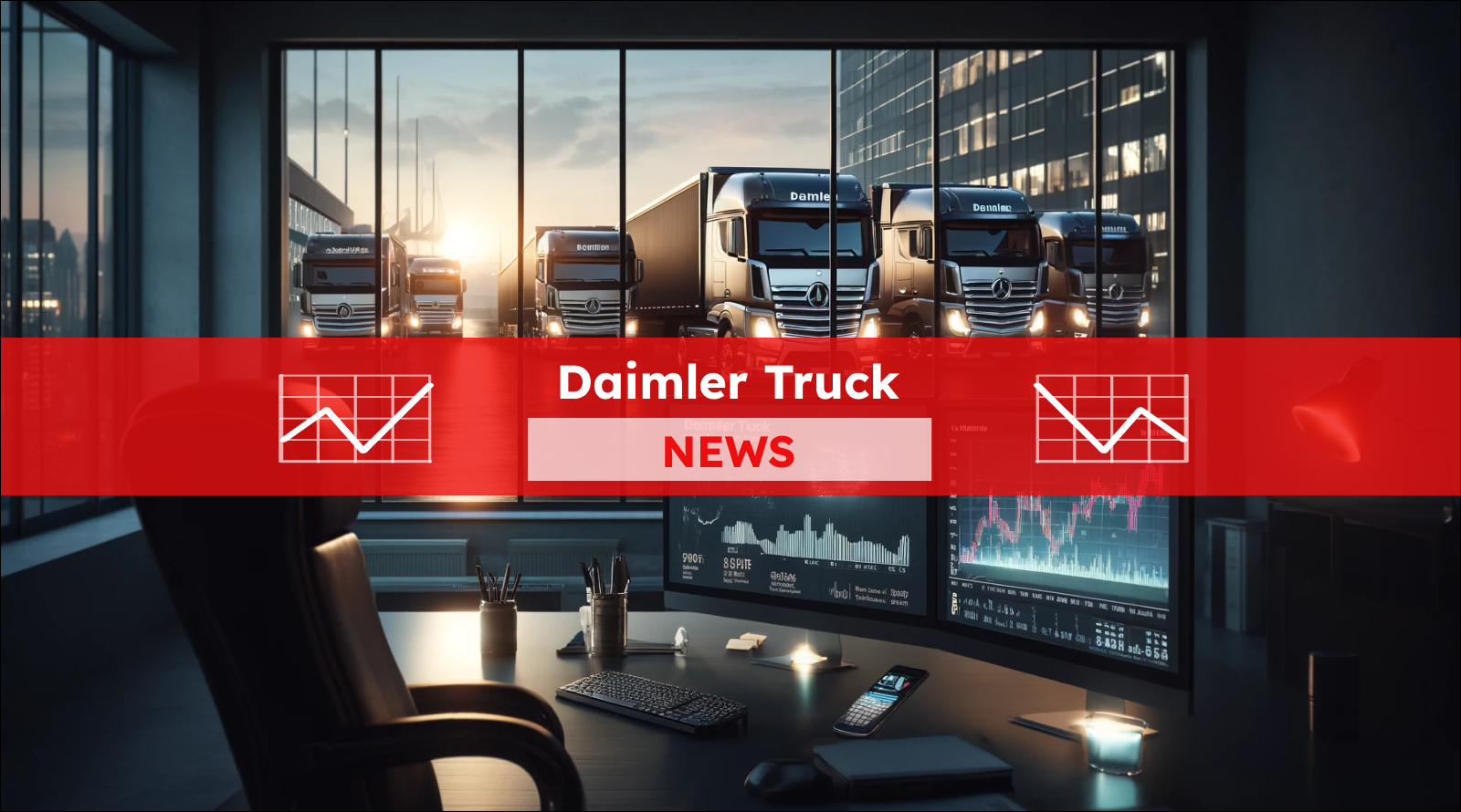 Ein Büro mit Blick auf einen Daimler Truck Fuhrpark im Abendlicht, im Vordergrund sind Börsenmonitore zu sehen, mit einem Daimler Truck NEWS Banner