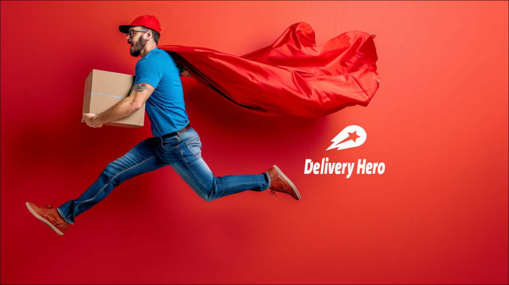 Delivery Hero: Befreiungsschlag! Ein Mann im Laufschritt mit rotem Umhang und Paket in der Hand vor einem roten Hintergrund mit dem Logo Delivery Hero.