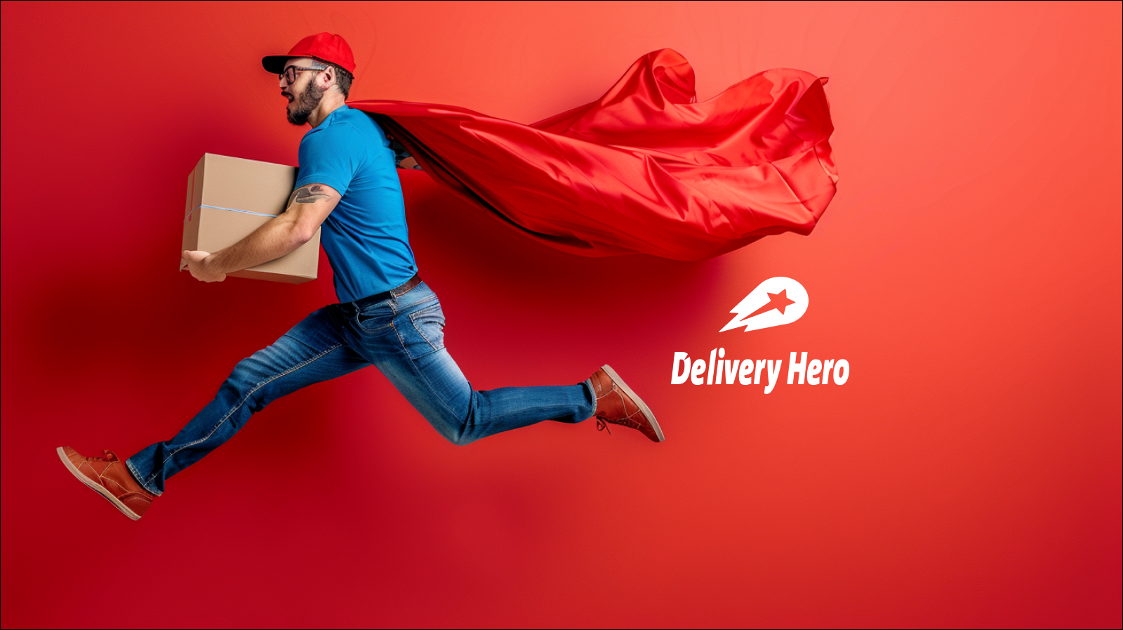 Ein Mann im Laufschritt mit rotem Umhang und Paket in der Hand vor einem roten Hintergrund mit dem Logo Delivery Hero.