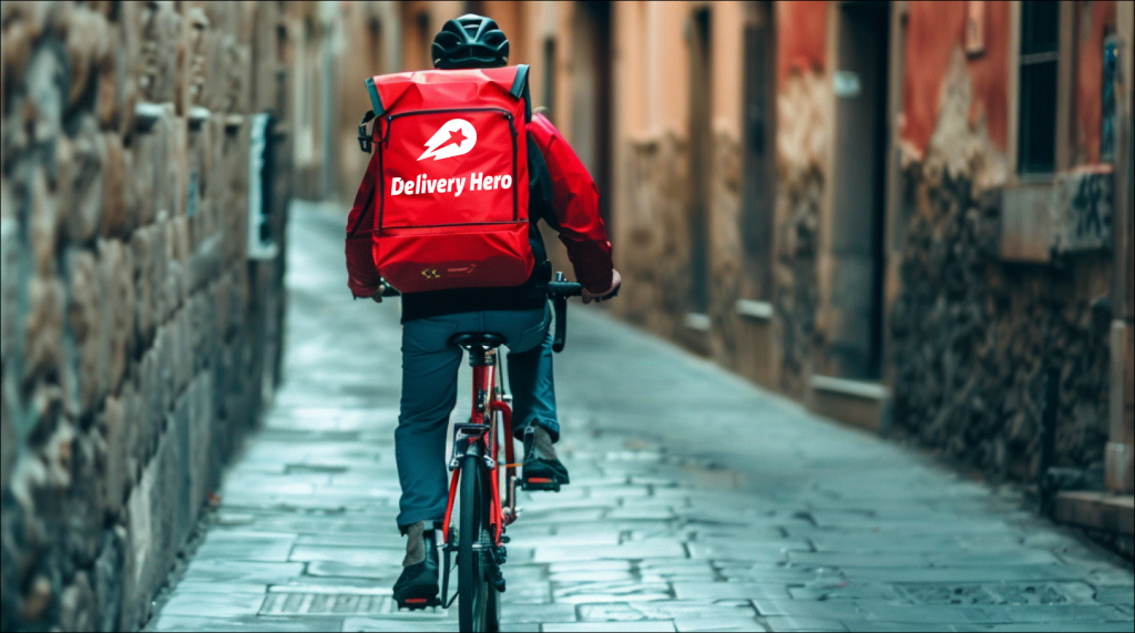 Ein Fahrradkurier mit einem roten Delivery Hero Rucksack