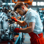 Ein Mechaniker in weißem Hemd und roter Hose arbeitet konzentriert an einem komplexen Maschinenmotor in einer Industriewerkstatt.