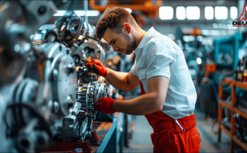 Ein Mechaniker in weißem Hemd und roter Hose arbeitet konzentriert an einem komplexen Maschinenmotor in einer Industriewerkstatt.