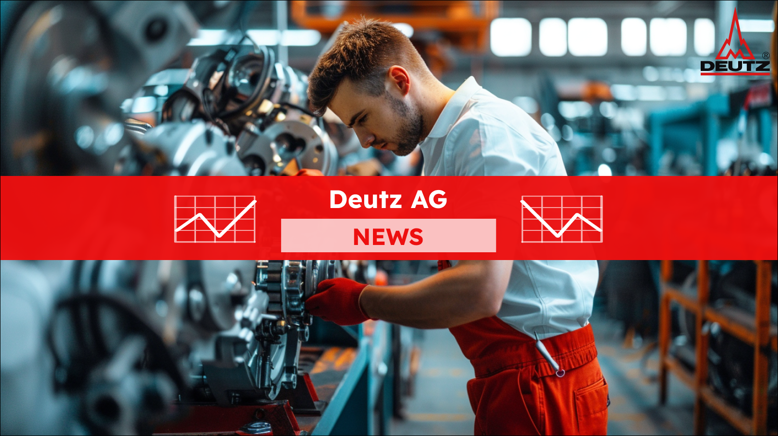 Ein Mechaniker in weißem Hemd und roter Hose arbeitet konzentriert an einem komplexen Maschinenmotor in einer Industriewerkstatt, mit einem Deutz AG  NEWS Banner