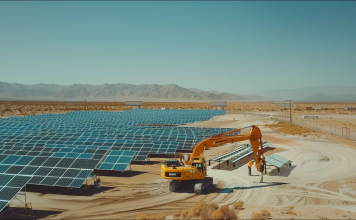 Eine Solarfarm in der Wüste mit einer Planierraupe im Vordergrund und Bergen im Hintergrund