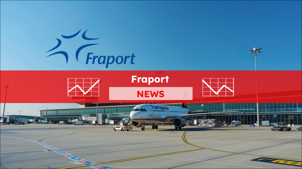 Fraport-Aktie: Das belastet! ein kommerzielles Flugzeug vor einem Flughafenterminal unter einem klaren blauen Himmel, mit einem Fraport NEWS Banner