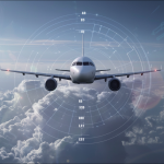 Ein Flugzeug im Flug aus der Frontperspektive, umgeben von einem Überwachungsradar-Display