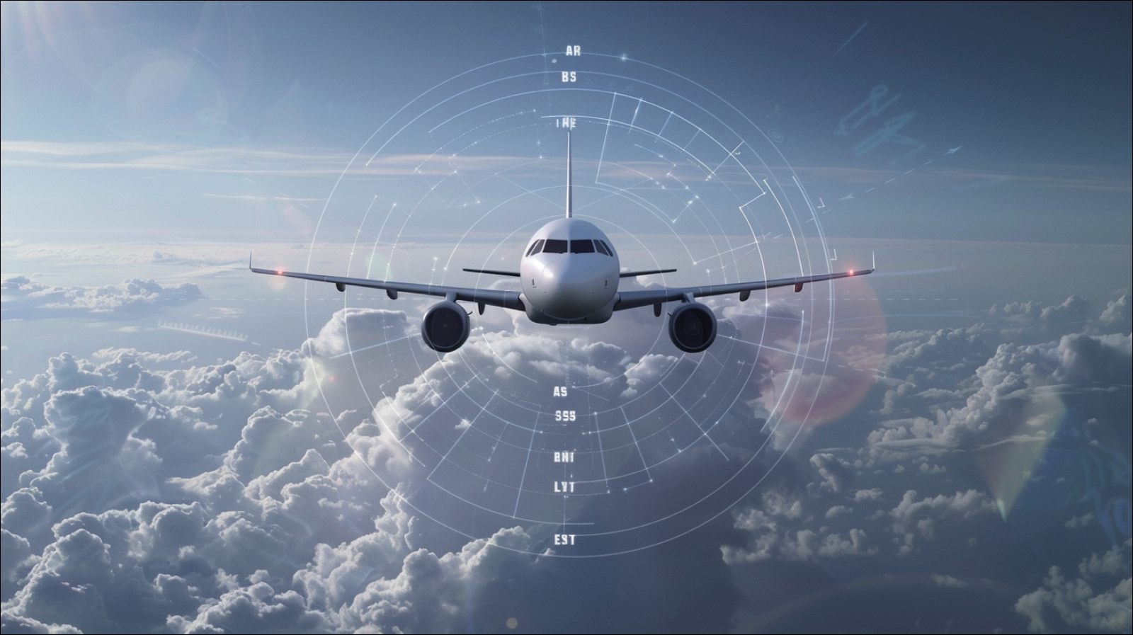 Ein Flugzeug im Flug aus der Frontperspektive, umgeben von einem Überwachungsradar-Display