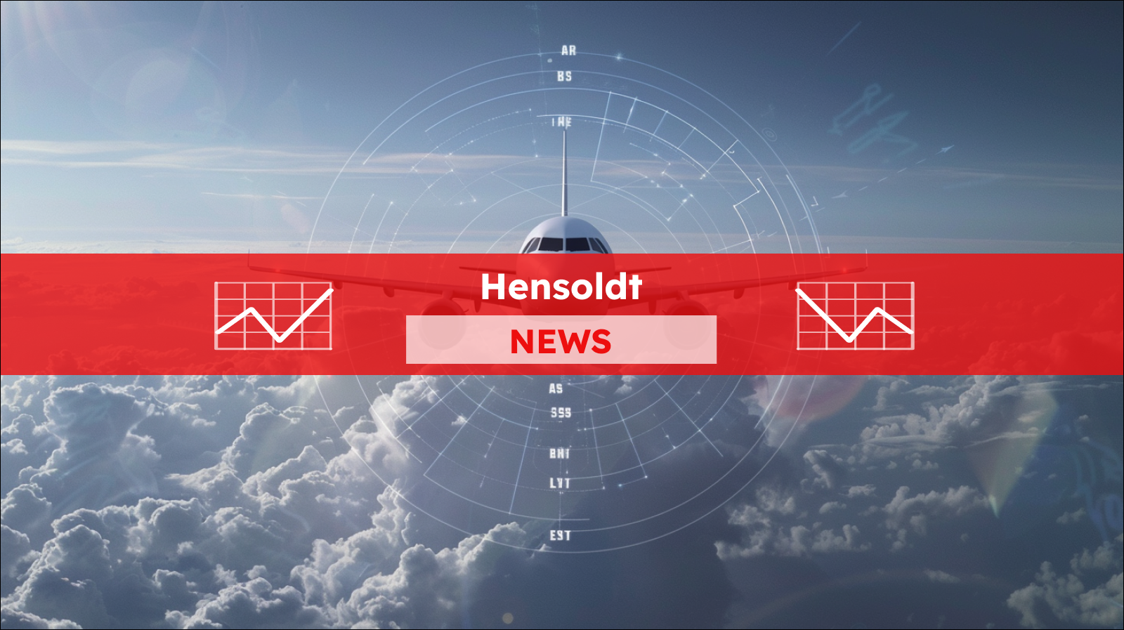 Ein Flugzeug im Flug aus der Frontperspektive, umgeben von einem Überwachungsradar-Display, mit einem Hensoldt NEWS Banner