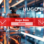 einen Parfümflakon von HUGO BOSS, der auf einer glänzenden Oberfläche steht, mit einem Hugo Boss NEWS Banner