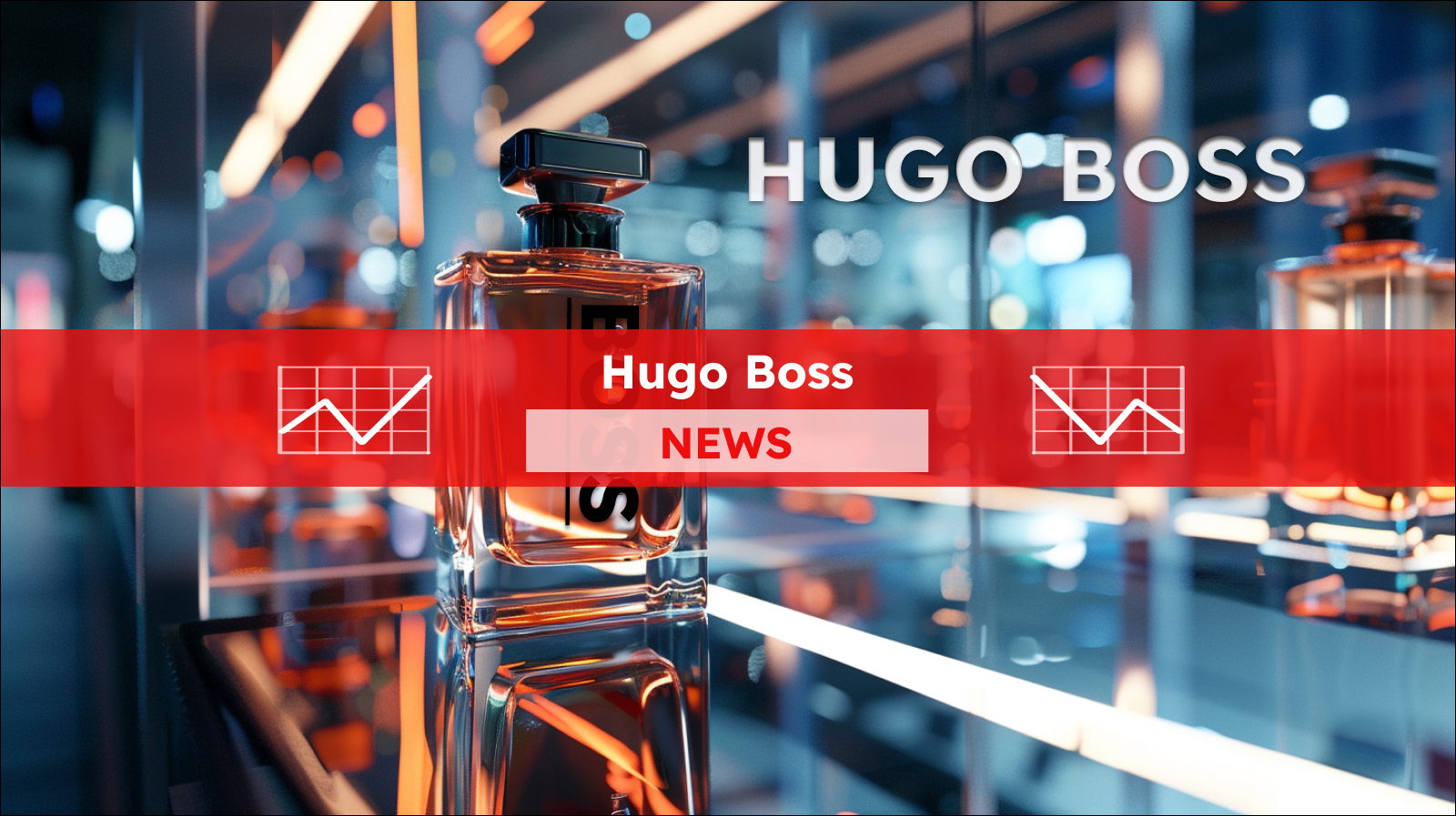 einen Parfümflakon von HUGO BOSS, der auf einer glänzenden Oberfläche steht, mit einem Hugo Boss NEWS Banner