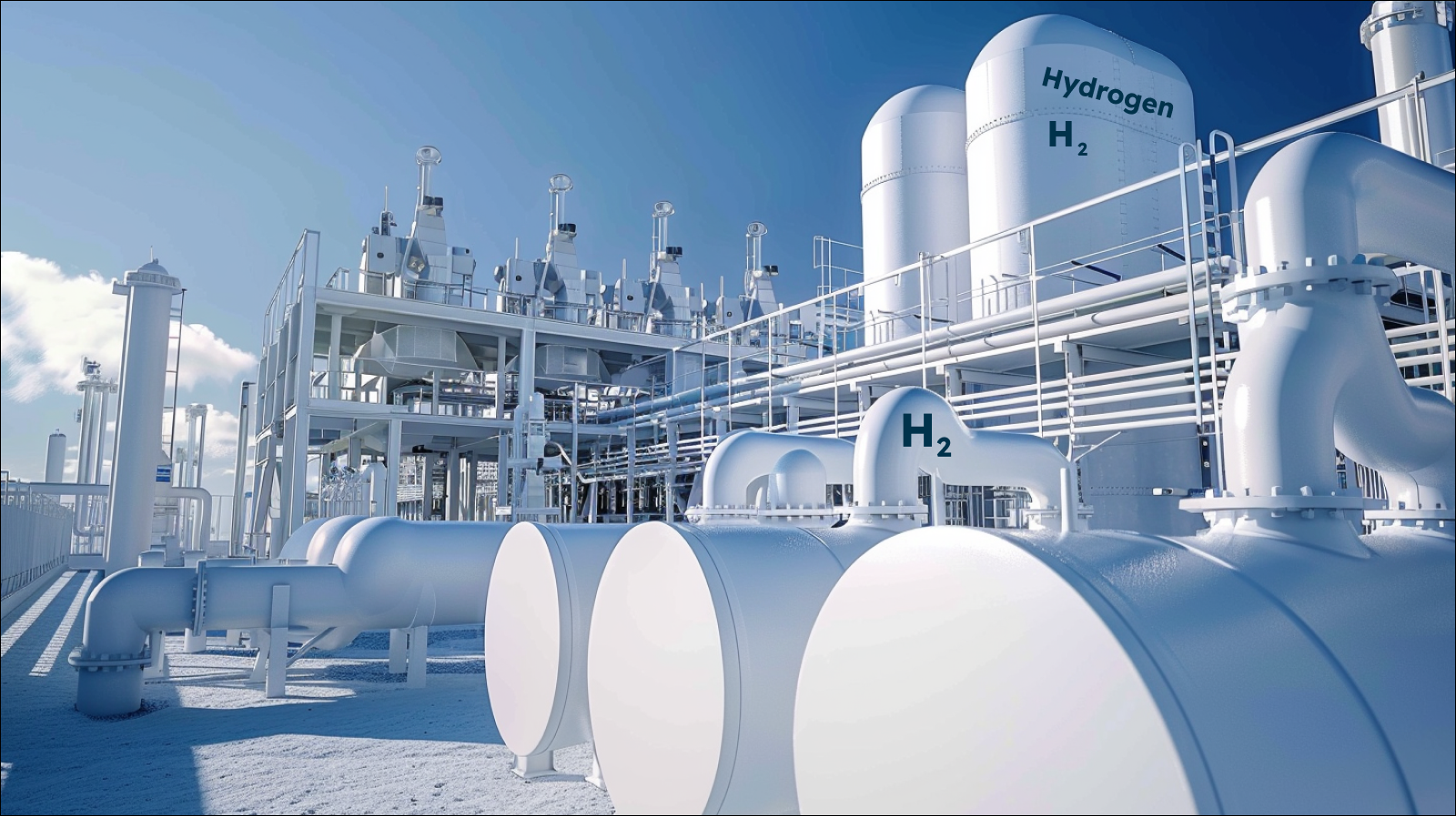 Eine Wasserstoffproduktionsanlage mit Speichertanks und Rohrleitungen