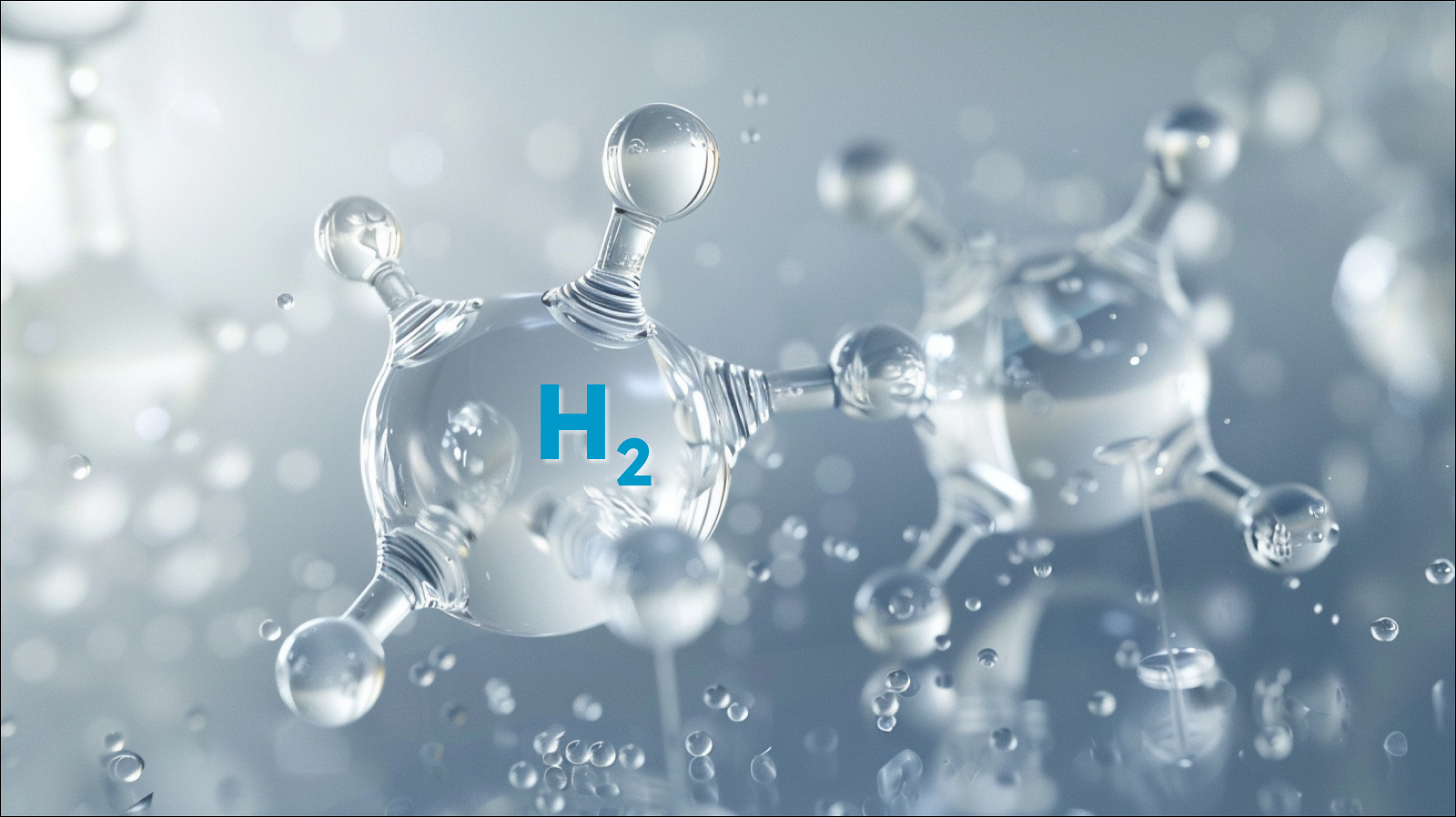 Molekülmodelle von Wasserstoff (H2) umschwebt von kleineren Wasserstoffblasen