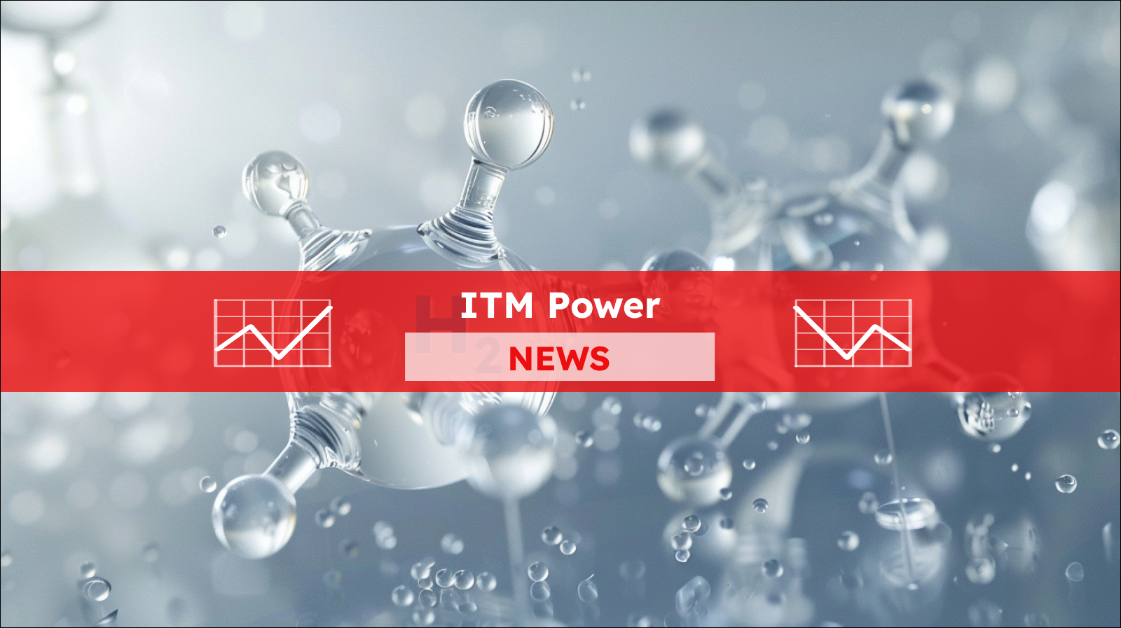 Molekülmodelle von Wasserstoff (H2) umschwebt von kleineren Wasserstoffblasen,  mit einem ITM Power NEWS Banner