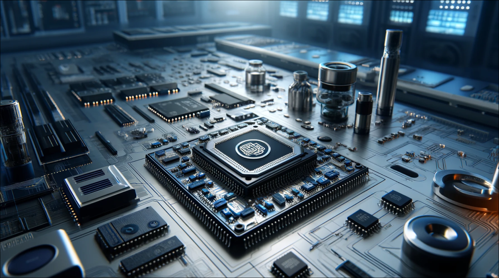 Infineon Technologies, mit einem Fokus auf Halbleiter und Mikroelektronik, umgeben von einer hochtechnologischen Umgebung.