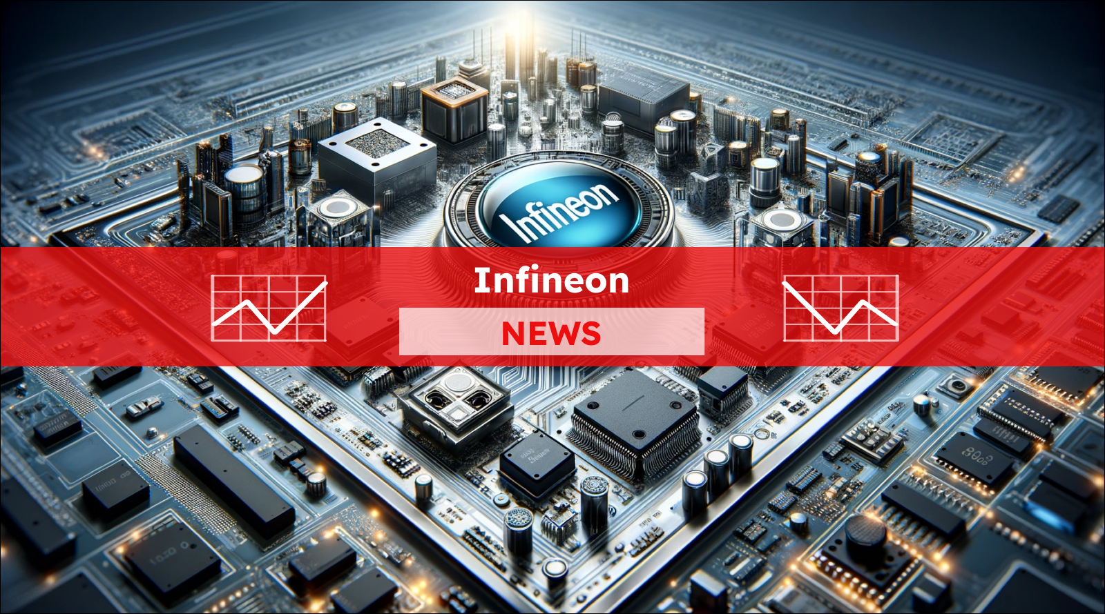 Ein Computer-Motherboard mit einem zentralen Chip, der das Infineon-Logo trägt, mit einem Infineon NEWS Banner.