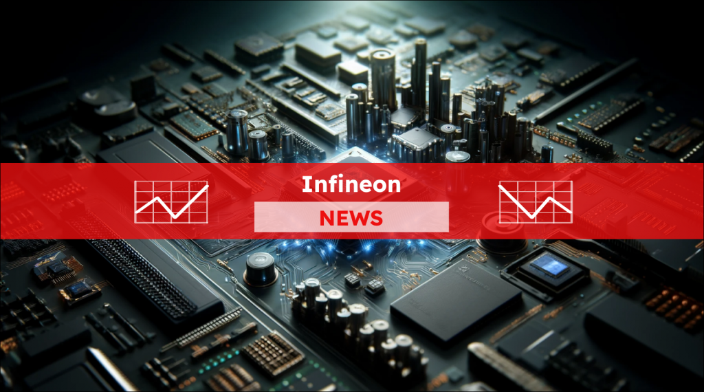 Ein Prozessorchip mit blauer Beleuchtung, umgeben von zahlreichen anderen elektronischen Komponenten auf einer Platine, mit einem Infineon NEWS Banner.
