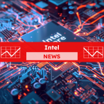 eine Zentraleinheit mit der Aufschrift Intel Core, umgeben von einem digitalen Schaltkreisdesign, mit einem Intel NEWS Banner