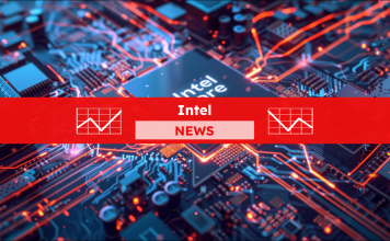 eine Zentraleinheit mit der Aufschrift Intel Core, umgeben von einem digitalen Schaltkreisdesign, mit einem Intel NEWS Banner