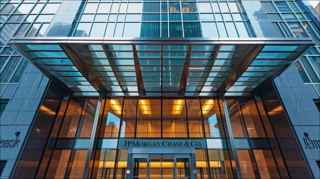 Der Eingangsbereich eines modernen Gebäudes mit der Aufschrift JPMorgan Chase & Co. über den Türen.