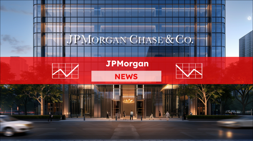 JPMorgan-Aktie: Grund zur Besorgnis? Bürohochhaus aus Glas an der Straße, Frontalansicht, mit einem JPMorgan NEWS Banner