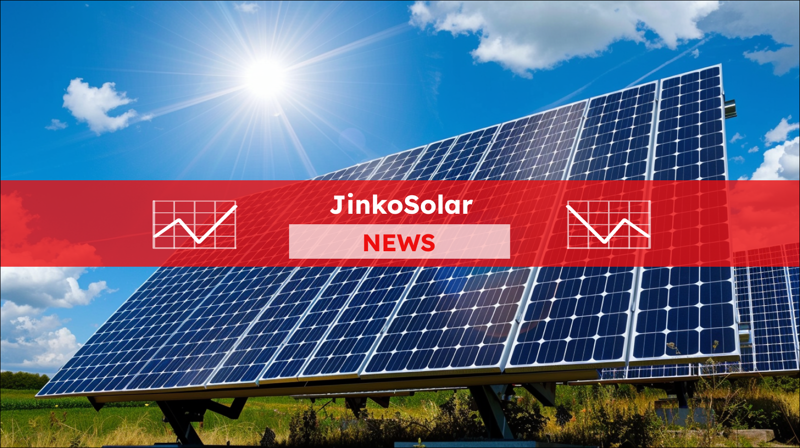 Solarmodulen auf einem Feld unter einem strahlend blauen Himmel mit der Sonne, mit einem JinkoSolar NEWS Banner